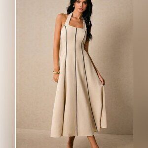 Halter Midi Dress Black Contrast Piping A-Line Fit & Flare